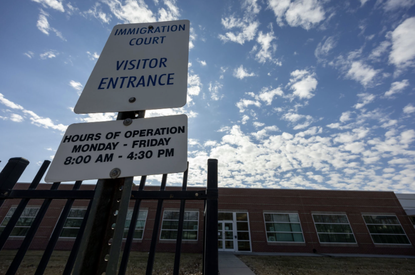 Signs mark the entrance to the Omaha Immigration Court on Feb. 12, 2026.