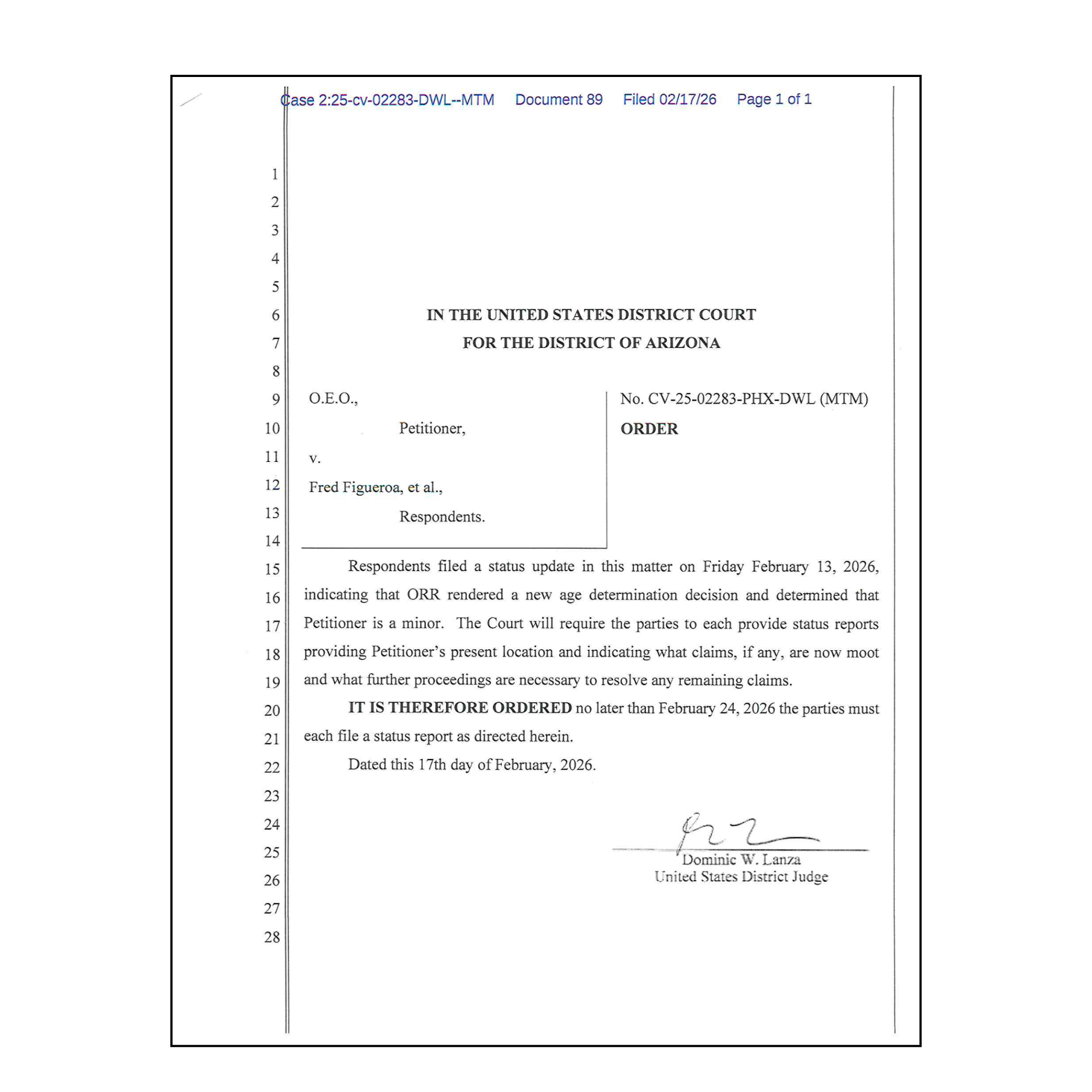 This February 17, 2026 court order acknowledges that ORR rendered a new age determination decision on the immigrant from Afghanistan, finding that he is in fact a minor. The court asks that both ORR and the immigrant’s counsel provide status reports within a week on the boy’s location and any outstanding claims.