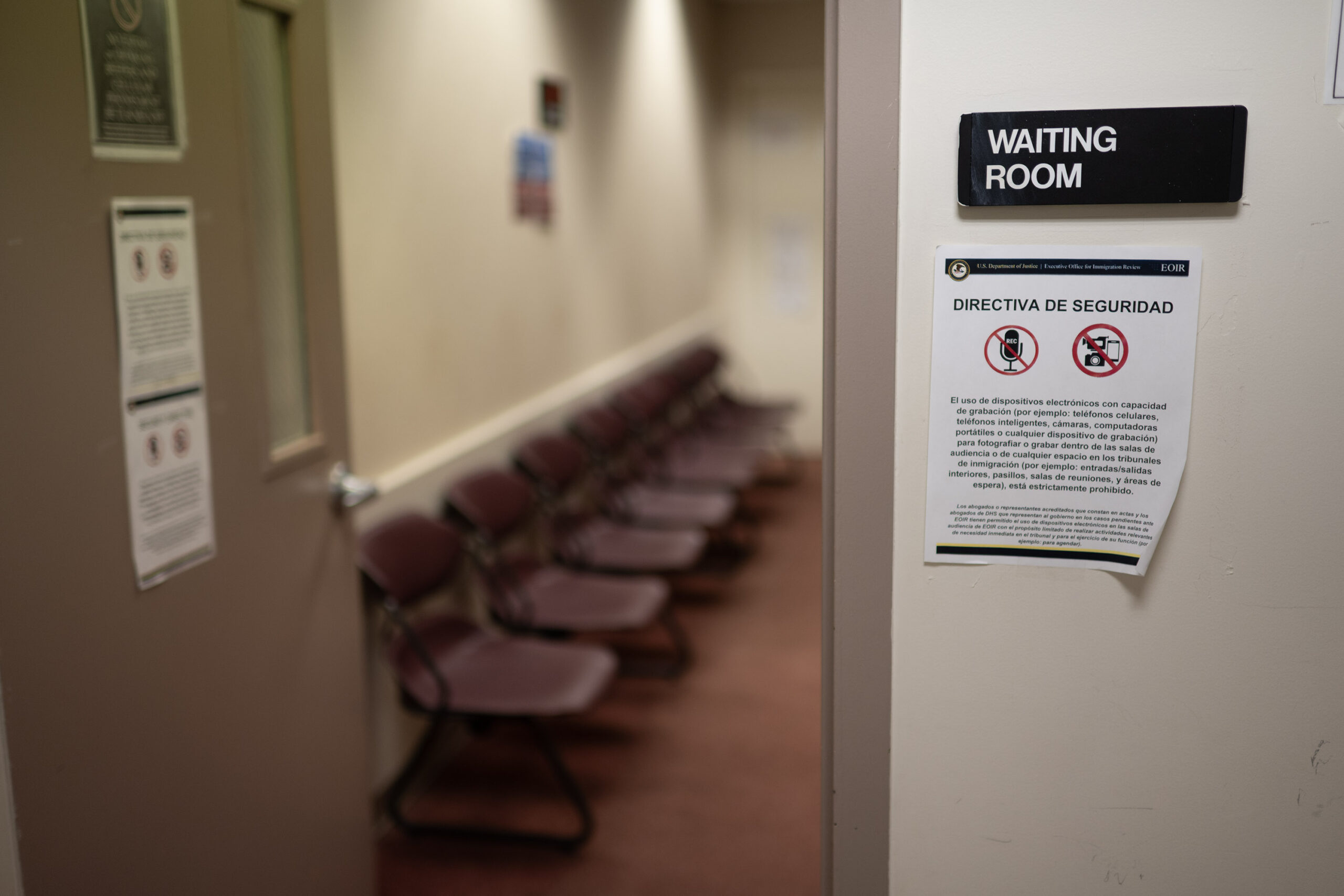 A waiting room inside immigration court at Federal Plaza in New York City.
