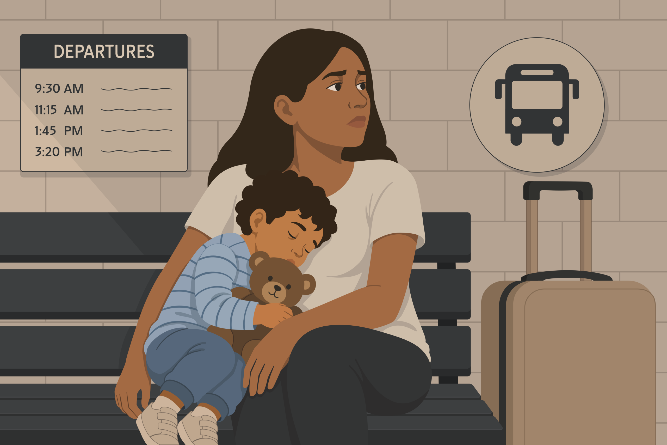 Illustration of mother embracing sleeping child while waiting at a bus or train station.