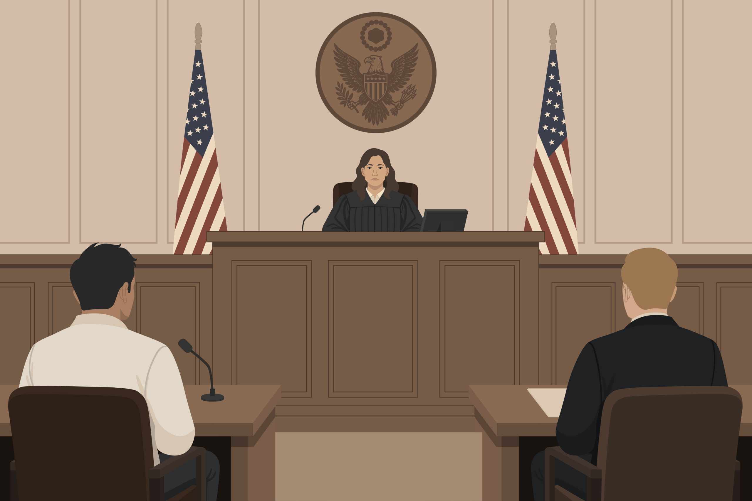 Illustration of a judge overseeing an immigration court proceeding with a respondent and federal lawyers present.