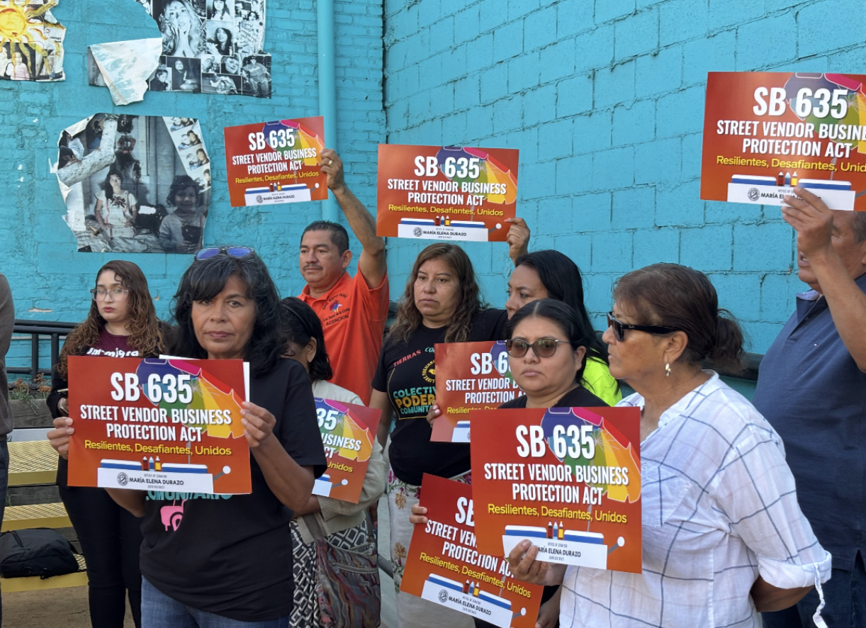 Street vendors and their supporters during a rally for SB 635 in Los Angeles in 2025.