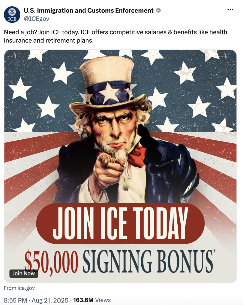 Screen shot of a recruitment posted by U.S. Immigration and Custom Enforcements on X, formerly Twitter, in August 2025.