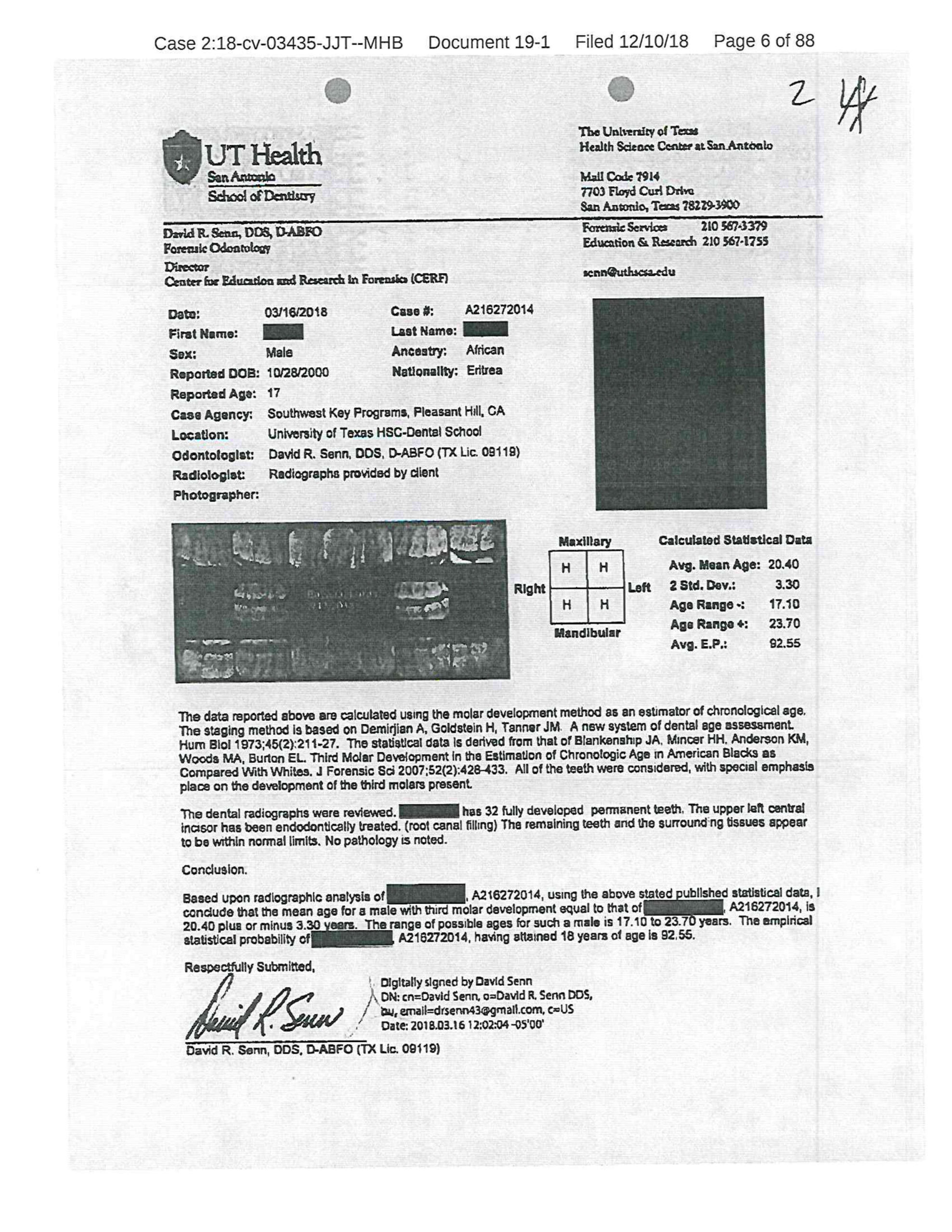 The dental age estimation analysis performed on the Eritrean immigrant by Dr. David Senn, obtained through court records, concluded that the mean age for a male with third molar development such as his is “20.40 plus or minus 3.30 years. The range of possible ages for such a male is 17.10 to 23.70 years. The empirical statistical probability of [the boy] having attained 18 years of age is 92.55.”