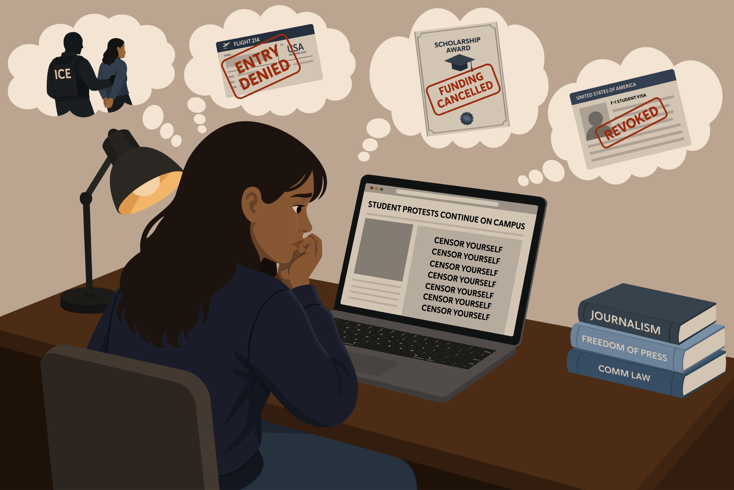 Illustration of student journalist facing the challenges of potential censorship