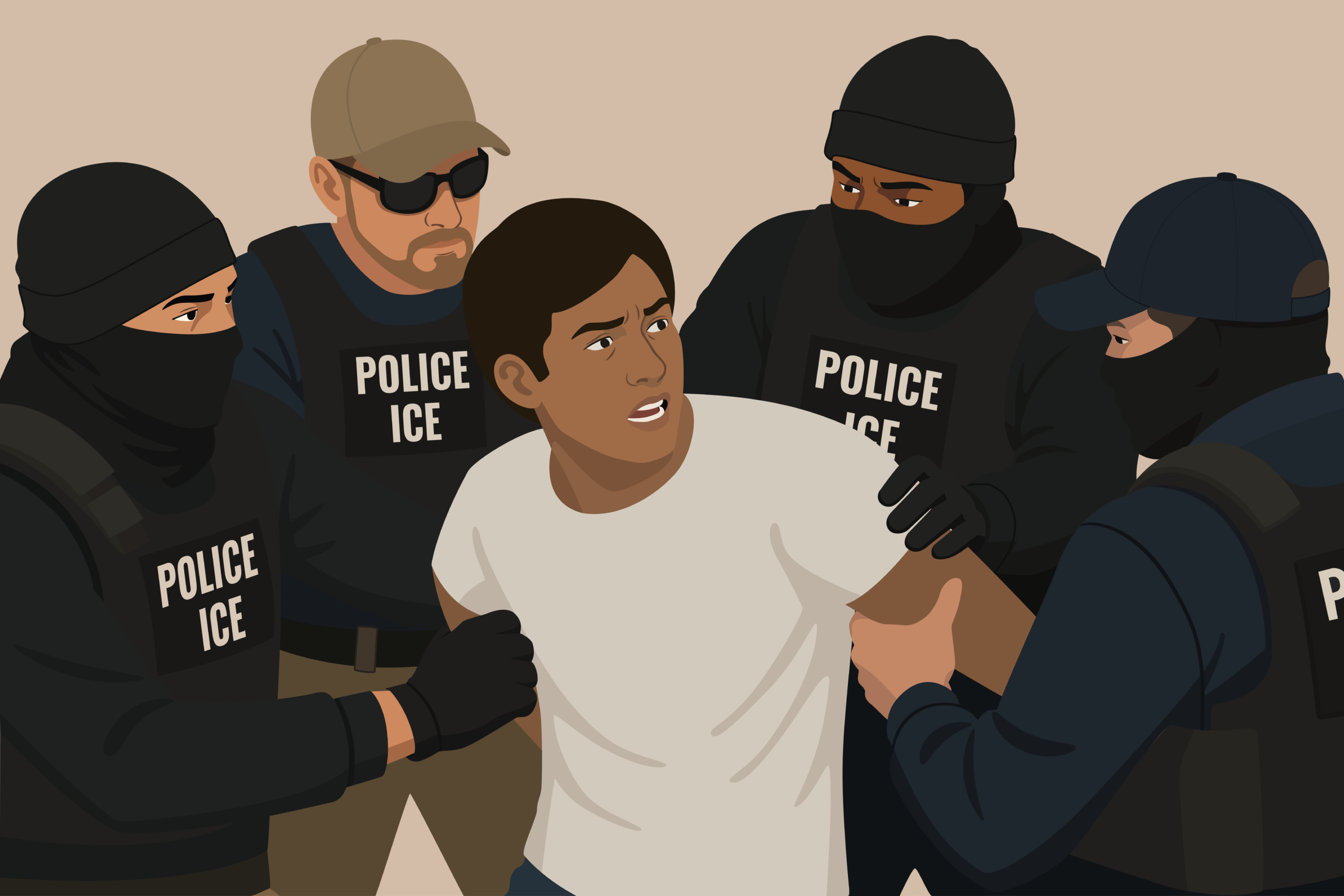 Illustration of ICE agents apprehending an immigrant.
