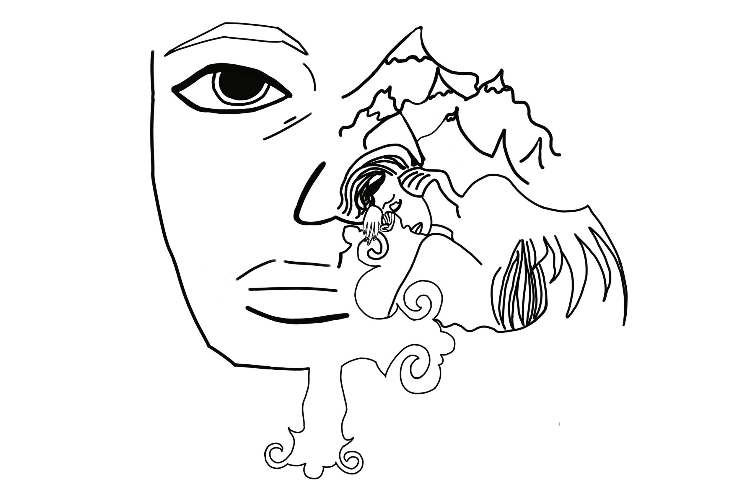Black and white illustration of a face and human by Camille Vocelka