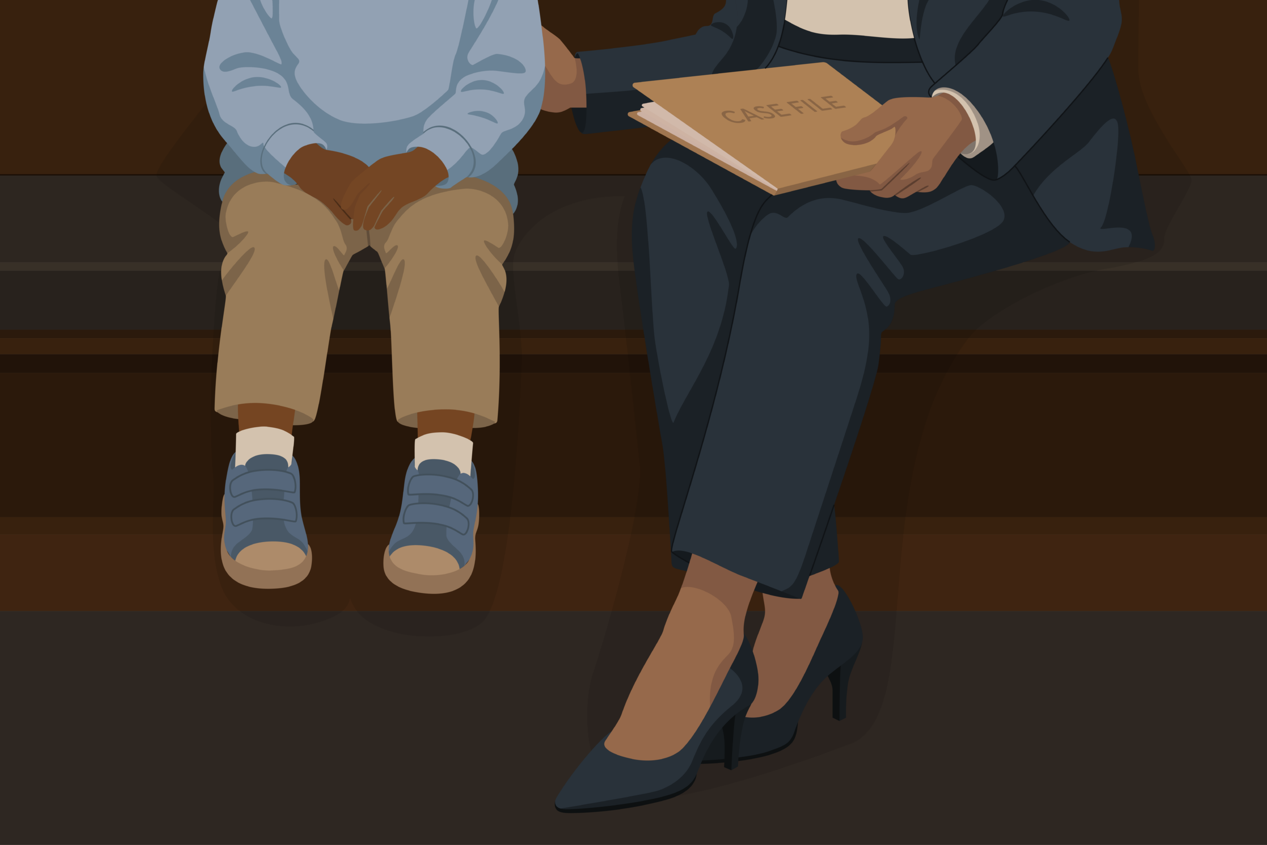 Illustration of a young child sitting with legal representative in immigration court.